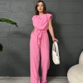 Omuz Vatkalı Kuşaklı Tulum Pembe