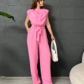 Omuz Vatkalı Kuşaklı Tulum Pembe