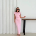 Omuz Vatkalı Taş Detaylı Elbise Pembe