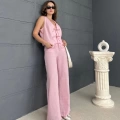 Önden Bağlamalı Keten Yelekli Takım Pembe