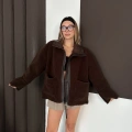 Peluş Cep detaylı Fermuarlı Ceket Acı Kahve