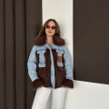 Peluş Detaylı Denim Ceket Kahve