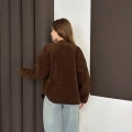 Peluş Düğme Detaylı İçi Astarlı Cepli Ceket Acı Kahve