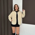 Peluş Düğme Detaylı İçi Astarlı Cepli Ceket Bej