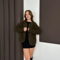 Peluş Düğme Detaylı İçi Astarlı Cepli Ceket Yeşil