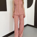 Pembe-Camel Hamon Çizgili Bluz-Pantolon Takım