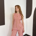 Pembe-Camel Hamon Çizgili Bluz-Pantolon Takım