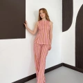 Pembe-Camel Hamon Çizgili Bluz-Pantolon Takım