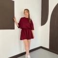 Pileli Şort Etek- Tişört Modal Takım Bordo