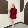 Pileli Şort Etek- Tişört Modal Takım Bordo