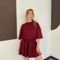 Pileli Şort Etek- Tişört Modal Takım Bordo