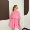 Pileli Şort Etek- Tişört Modal Takım Pembe