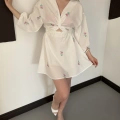 Poplin Kumaş Çiçek Desen Mini Elbise Beyaz-pembe