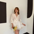 Poplin Kumaş Çiçek Desen Mini Elbise Beyaz-Sarı