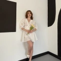 Poplin Kumaş Çiçek Desen Mini Elbise Beyaz-Sarı