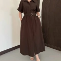 Poplin Kumaş Kemer Detaylı Gömlek Elbise Kahve