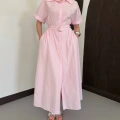 Poplin Kumaş Kemer Detaylı Gömlek Elbise Pembe