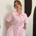 Poplin Kumaş Kemer Detaylı Gömlek Elbise Pembe