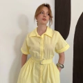 Poplin Kumaş Kemer Detaylı Gömlek Elbise Sarı