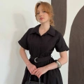 Poplin Kumaş Kemer Detaylı Gömlek Elbise Siyah