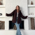 Şerit Detaylı Snuggy Peluş Ceket Kahverengi