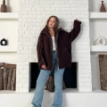 Şerit Detaylı Snuggy Peluş Ceket Kahverengi