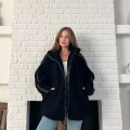 Şerit Detaylı Snuggy Peluş Ceket Siyah
