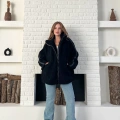 Şerit Detaylı Snuggy Peluş Ceket Siyah
