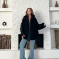 Şerit Detaylı Snuggy Peluş Ceket Siyah