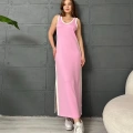 Şertili Yırtmaç Detay Uzun Elbise Pembe