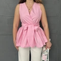 Sıfır Kol Kuşaklı Bluz Pembe