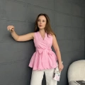 Sıfır Kol Kuşaklı Bluz Pembe