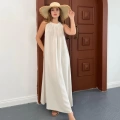 Sırt Pencere Detay Keten Elbise Beyaz