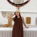 Sırt Pencere Detay Keten Elbise Kahverengi