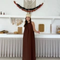 Sırt Pencere Detay Keten Elbise Kahverengi