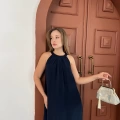 Sırt Pencere Detay Keten Elbise Lacivert