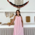 Sırt Pencere Detay Keten Elbise Pembe