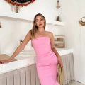 Straplez Arka Yırtmaç Detay Elbise Pembe