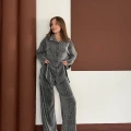 Taş Detaylı Gömlek-Pantolon Takım Gri