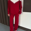 Taş Detaylı V Yaka Pantolonlu Takım Bordo