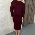 Tek Omuz Yarasa Kol Elbise Bordo