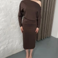Tek Omuz Yarasa Kol Elbise Kahve