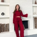 Ters Dikiş Bel Lastikli Pantolonlu Takım Bordo