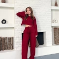 Ters Dikiş Bel Lastikli Pantolonlu Takım Bordo