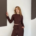 Ters Dikiş Bol Paça Pantolon-Bluz Takım Kahve