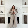 Uzun Boy Kuşak Detaylı Kaban Krem
