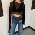Uzunkol Crop Tül Bluz Siyah
