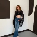 Uzunkol Crop Tül Bluz Siyah