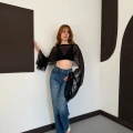 Uzunkol Crop Tül Bluz Siyah
