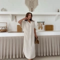 V Yaka Ham Keten Takım Beyaz